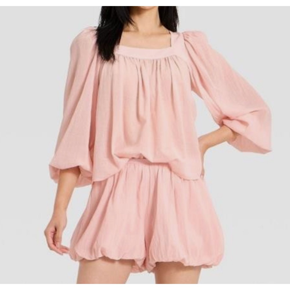 A New Day Pink Square Neck Sheer Long Sleeve Blouse Womens XS Relaxed Fit